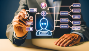 A visual representation of the customer journey guided by AI, showcasing various stages from initial engagement to post-purchase support.